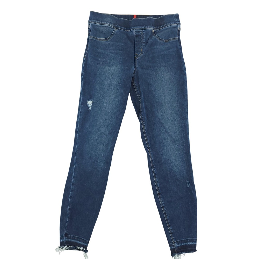 Spanx Jeans Womens M Medium Wash Mid Rise Pull On Jeggings‎ Distressed Raw Hem